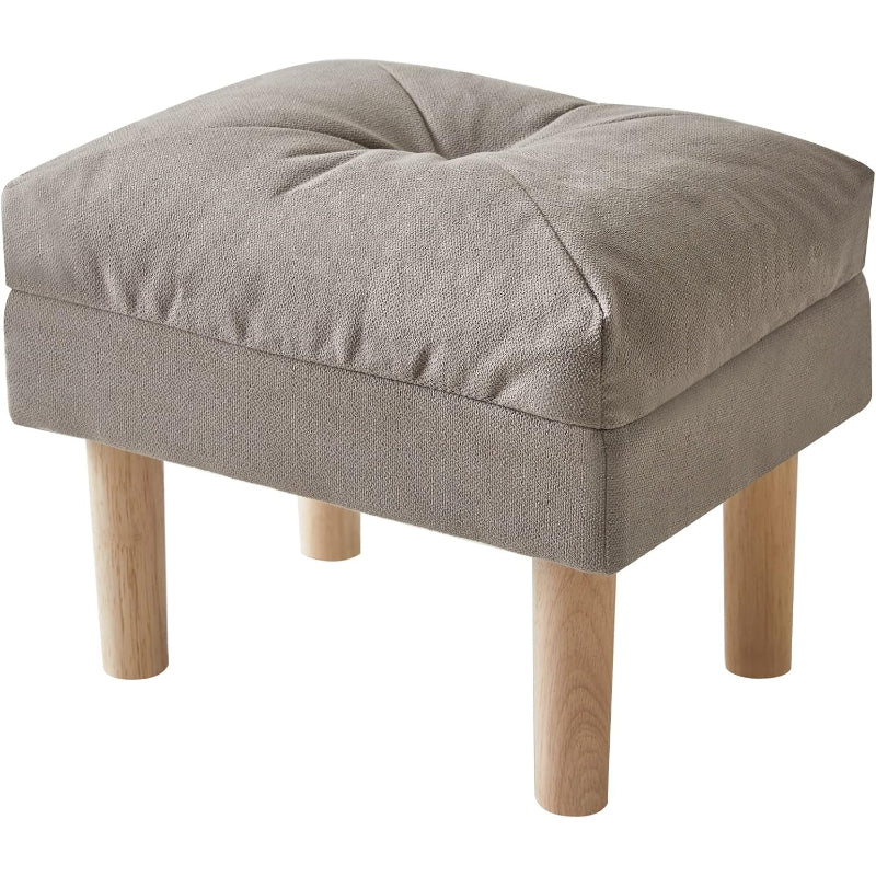 Gray Padded Linen Wood‑Leg Foot Stool