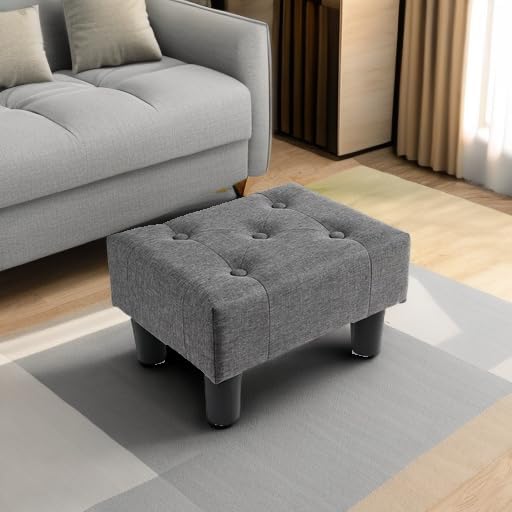 Gray Linen Legged Rectangle Foot Stool Ottoman