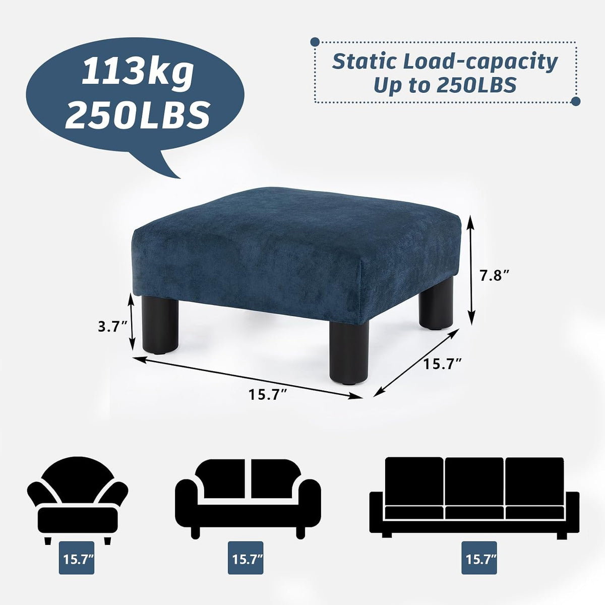 Navy Upholstered Square Fabric Foot Stool