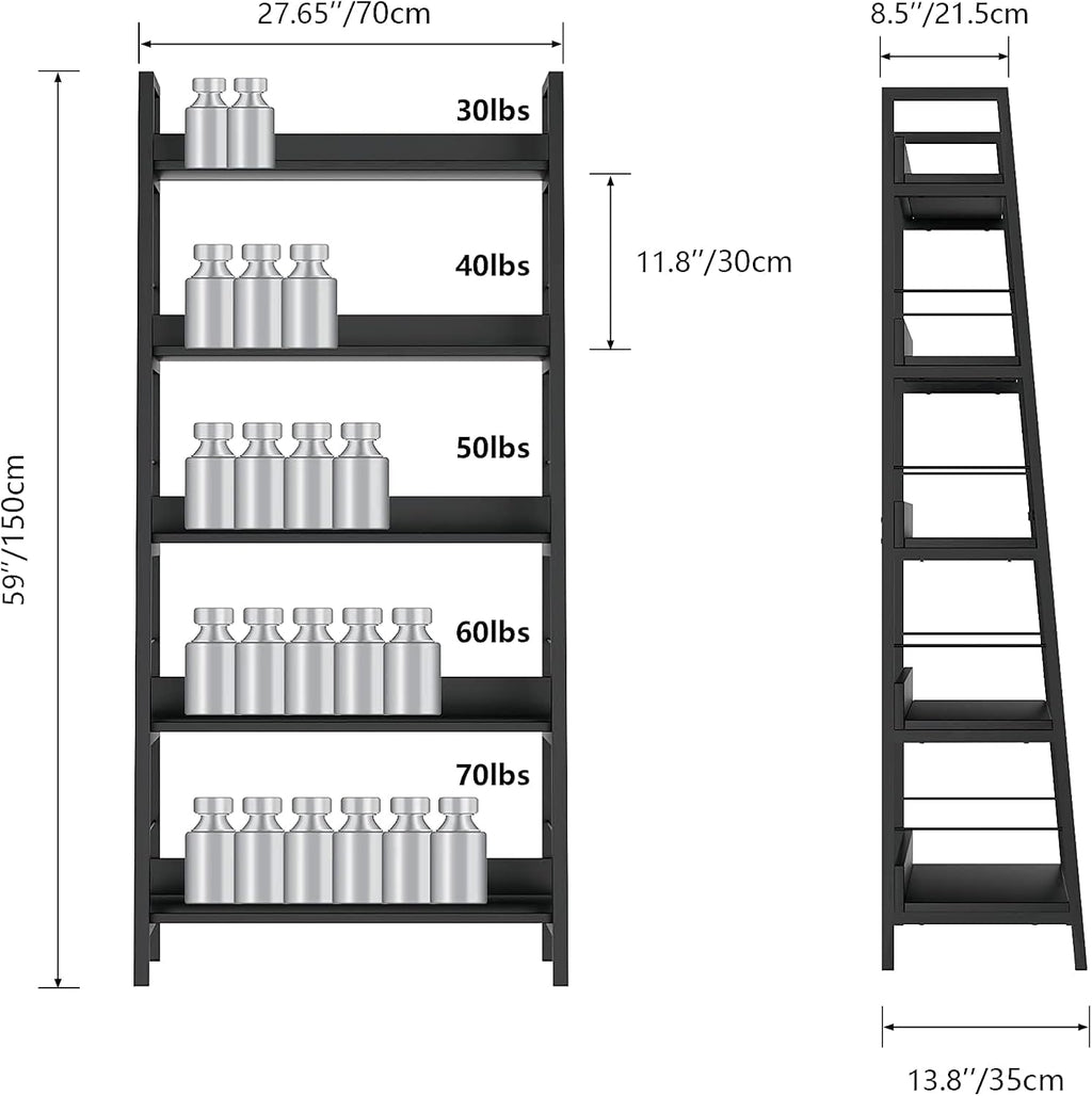 Black 5-Tier Industrial Ladder Bookshelf