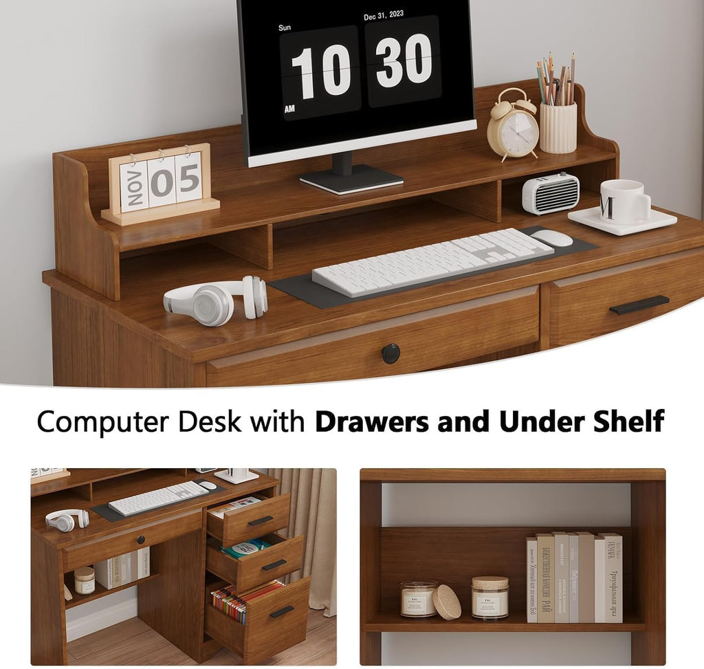 Brown Wood Drawer Monitor‑Stand Writing Desk