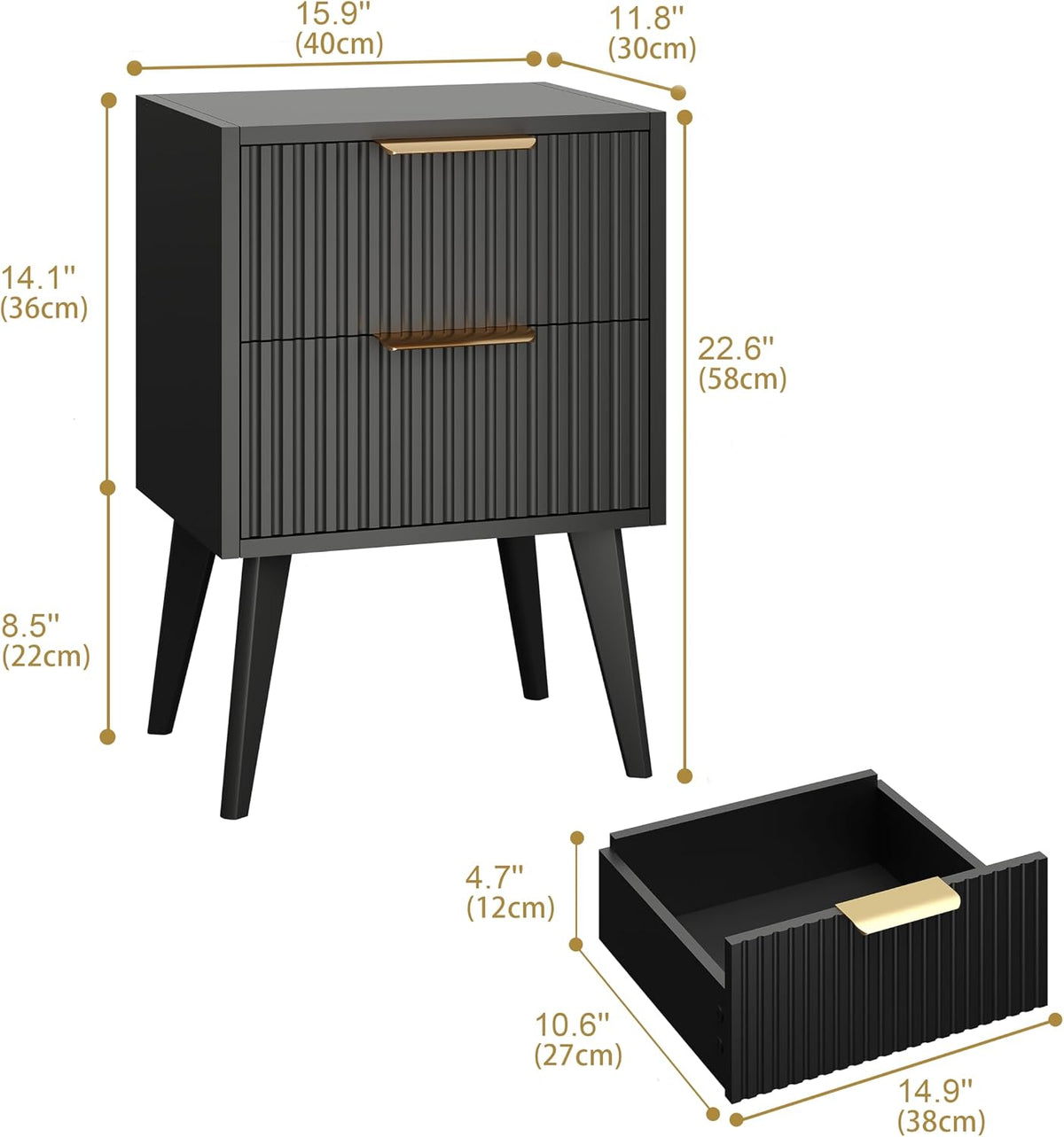 Black 2-Drawer Fluted Nightstand