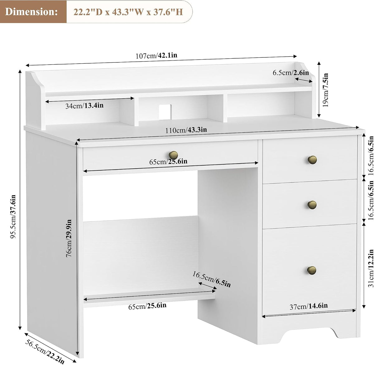 White Wood Hutch‑Shelf Drawer Computer Desk
