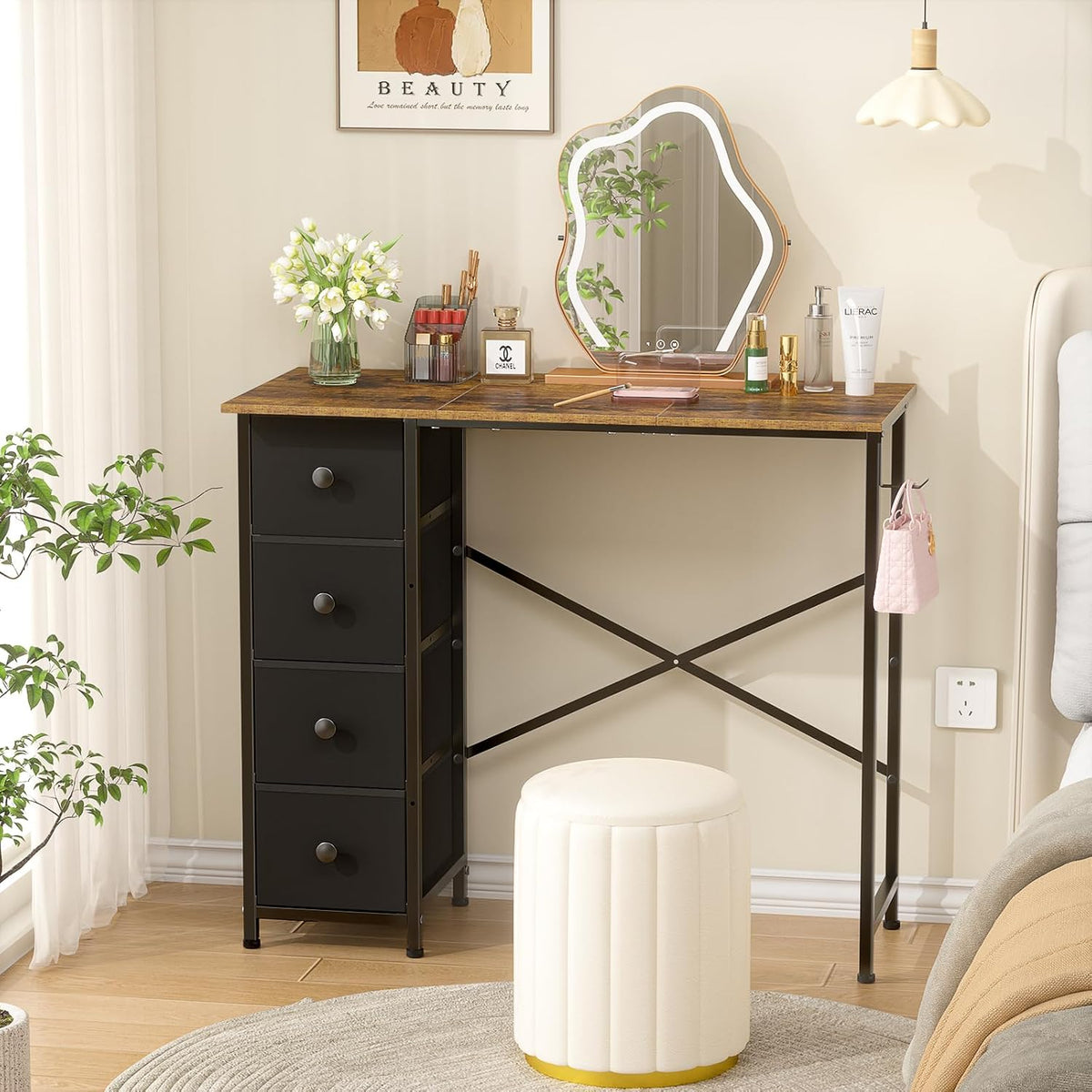 Rustic Brown Fabric‑Drawer Compact Writing Desk