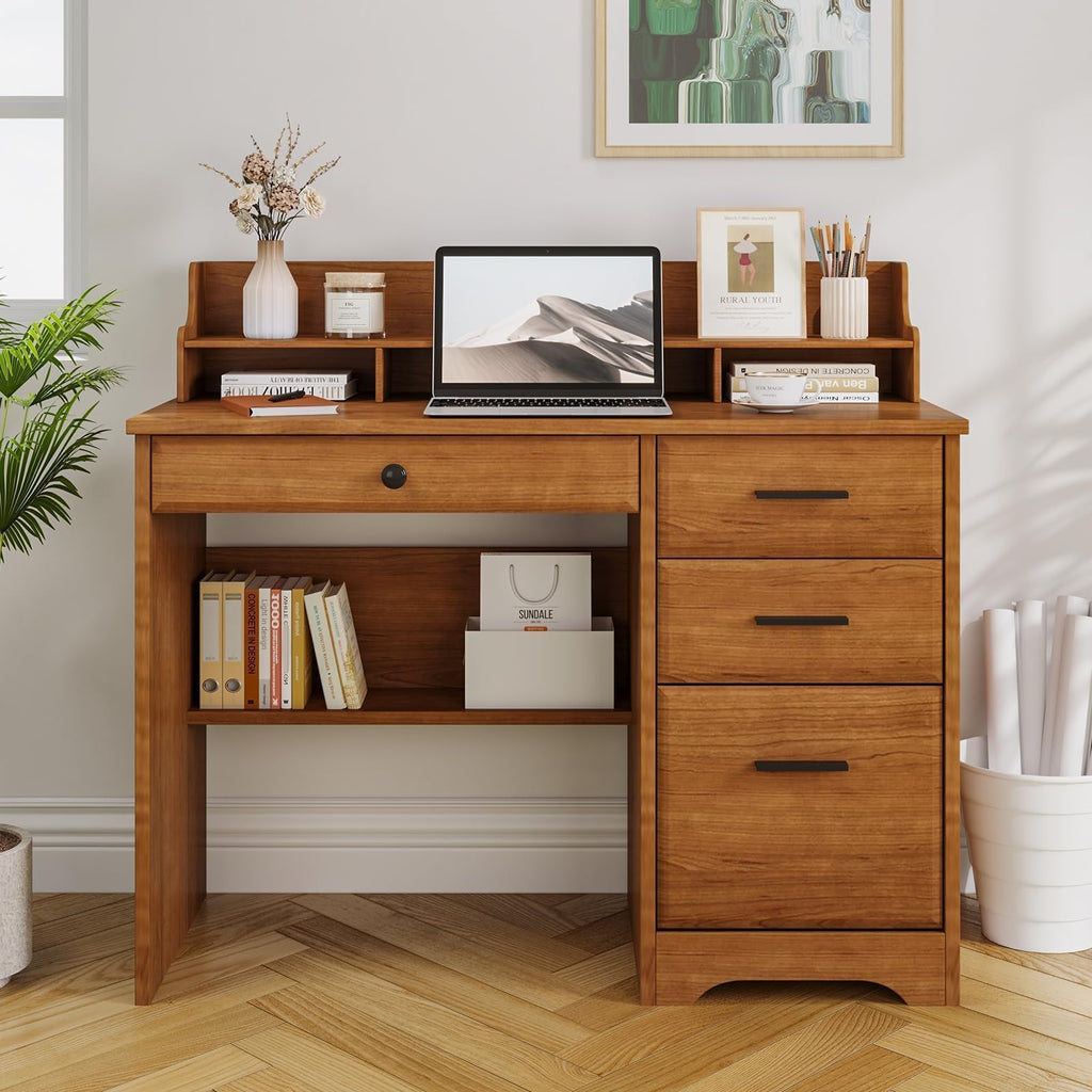 Brown Wood Drawer Monitor‑Stand Writing Desk