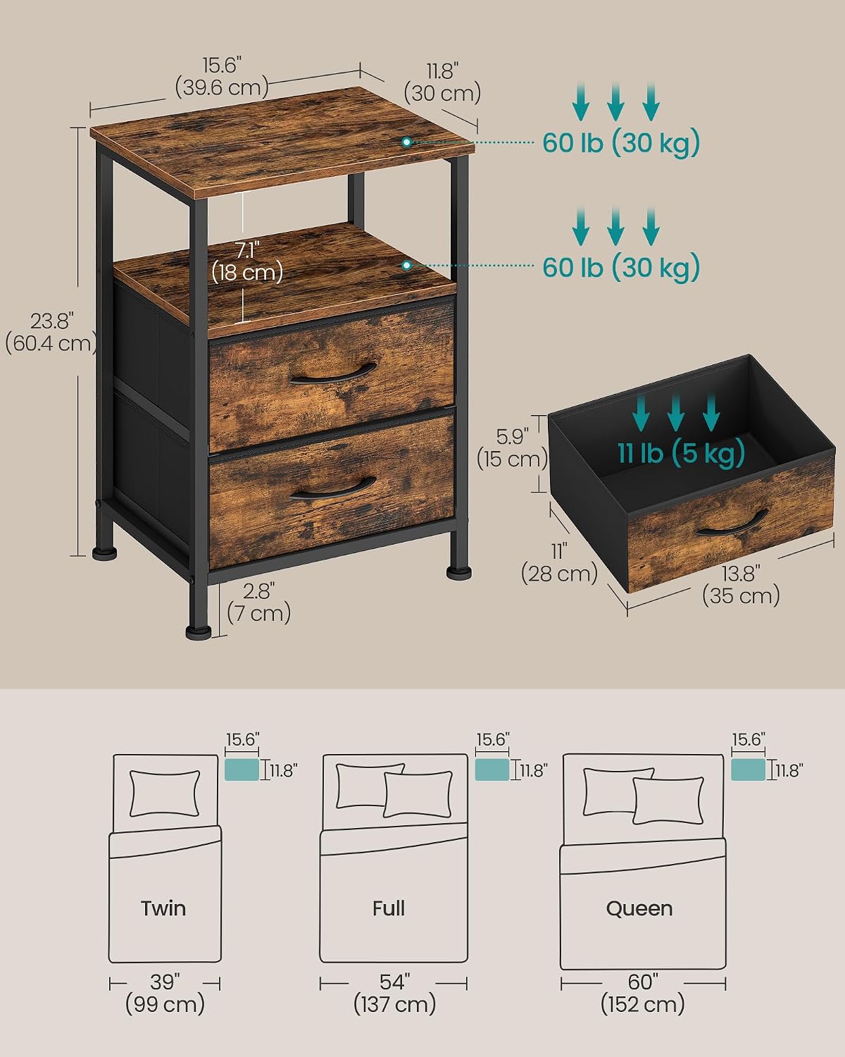 Fabric Drawer Open Shelf Nightstand End Table