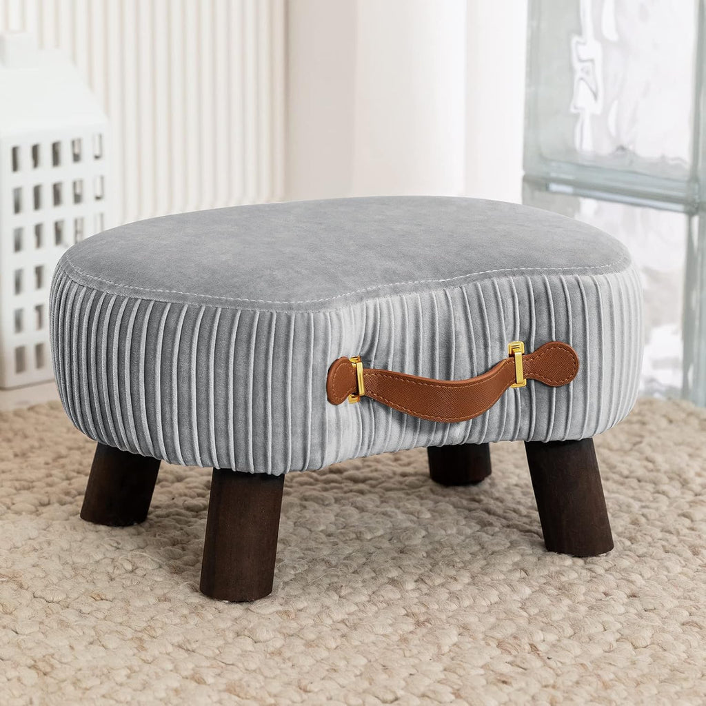 Gray Velvet Curved Wood‑Leg Foot Stool