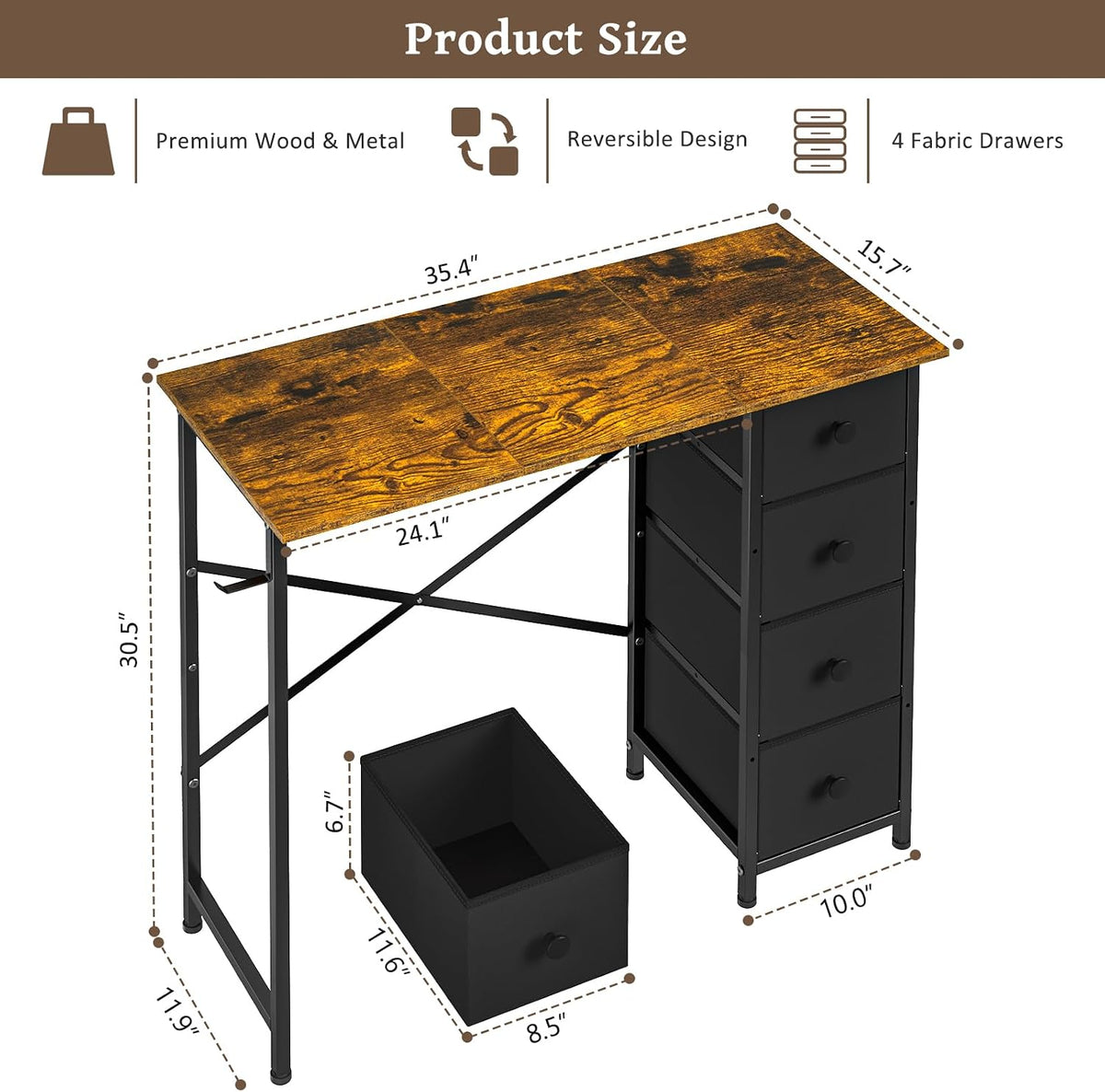 Rustic Brown Fabric‑Drawer Compact Writing Desk