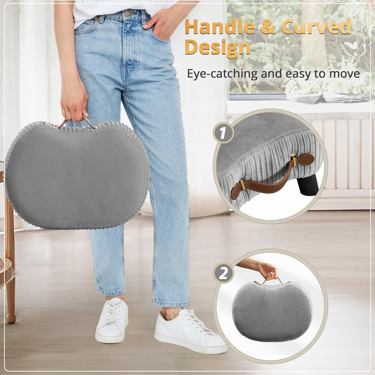 Gray Velvet Curved Wood‑Leg Foot Stool
