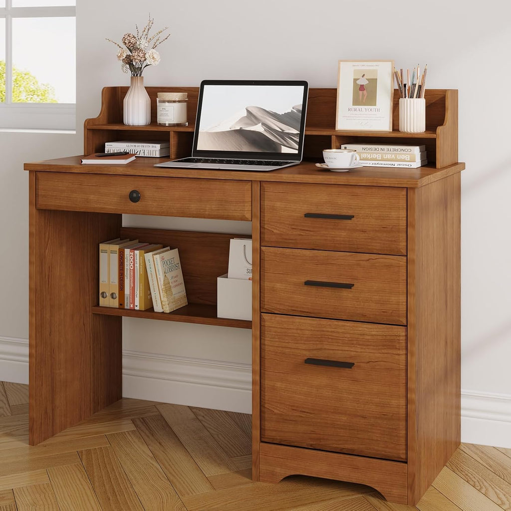 Brown Wood Drawer Monitor‑Stand Writing Desk