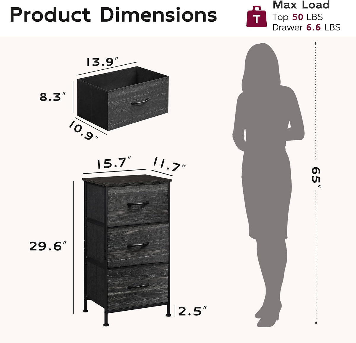 Black 3-Drawer Nightstand