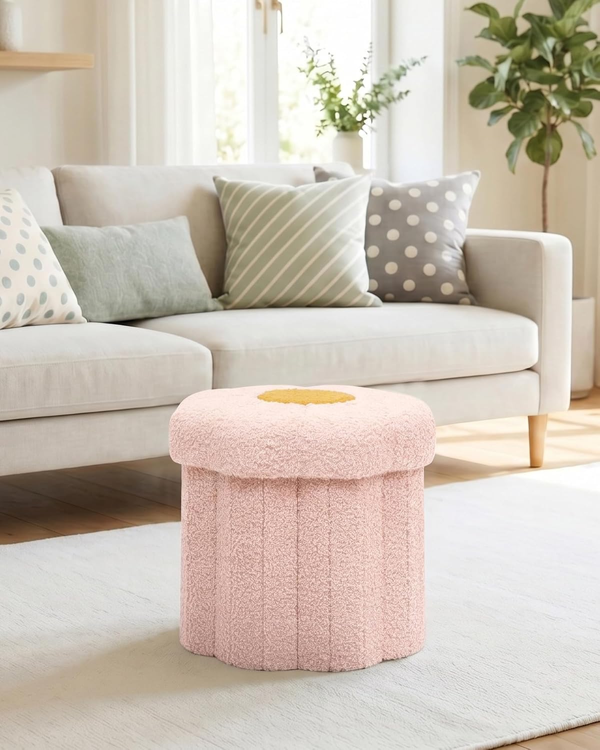 Pink Boucle Daisy Round Storage Foot Ottoman