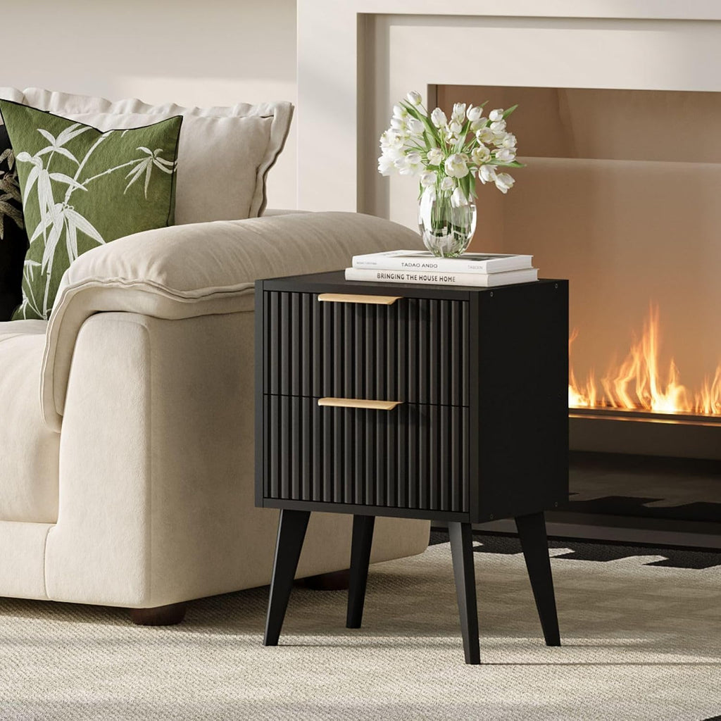 Black 2-Drawer Fluted Nightstand