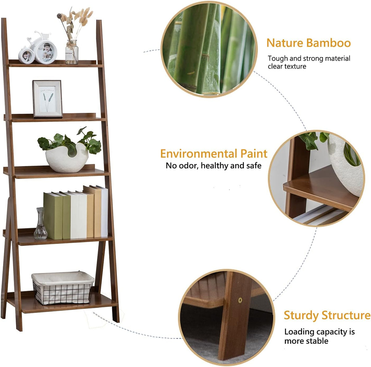 Natural 5-Tier Ladder Bookshelf