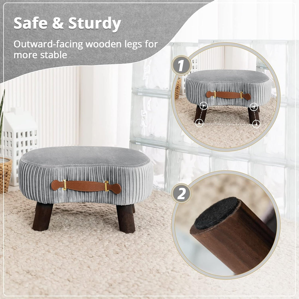 Gray Velvet Curved Wood‑Leg Foot Stool
