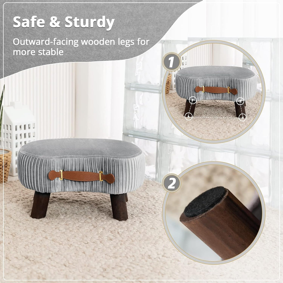 Gray Velvet Curved Wood‑Leg Foot Stool