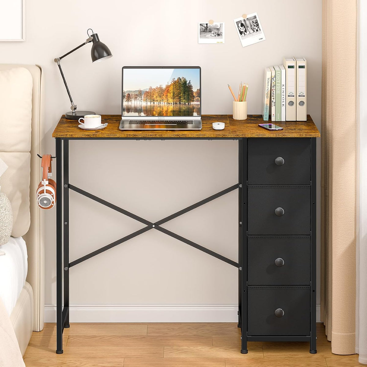 Rustic Brown Fabric‑Drawer Compact Writing Desk
