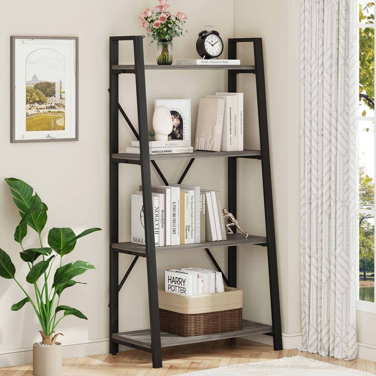Dark Grey Oak 4-Tier Ladder Bookshelf