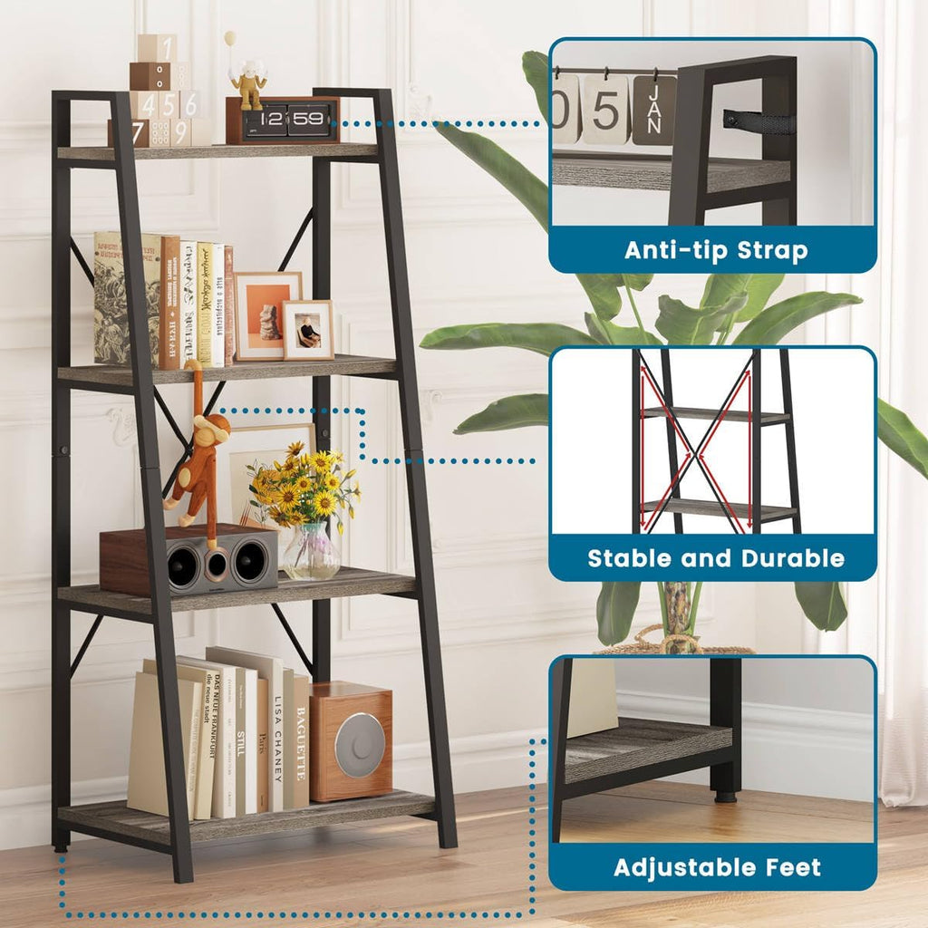 Dark Grey Oak 4-Tier Ladder Bookshelf