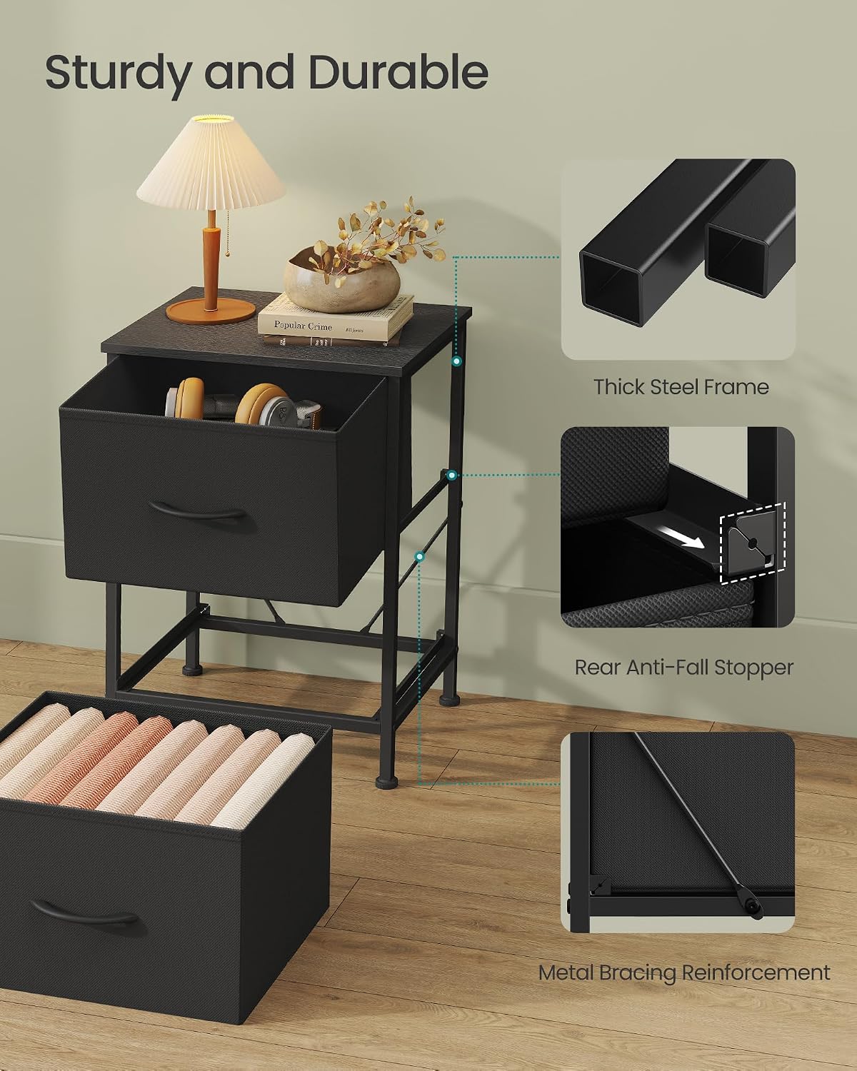 Fabric‑Drawer Bedside Nightstand Side Table