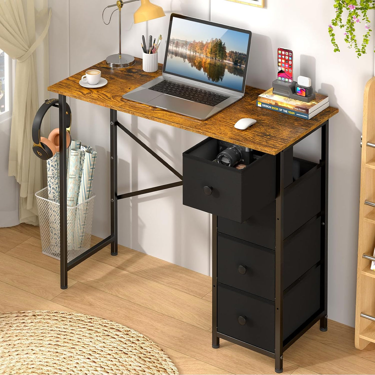 Rustic Brown Fabric‑Drawer Compact Writing Desk