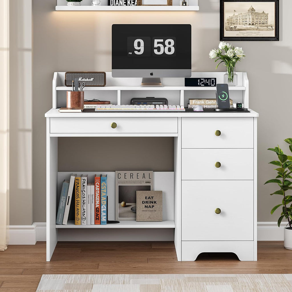 White Wood Hutch‑Shelf Drawer Computer Desk