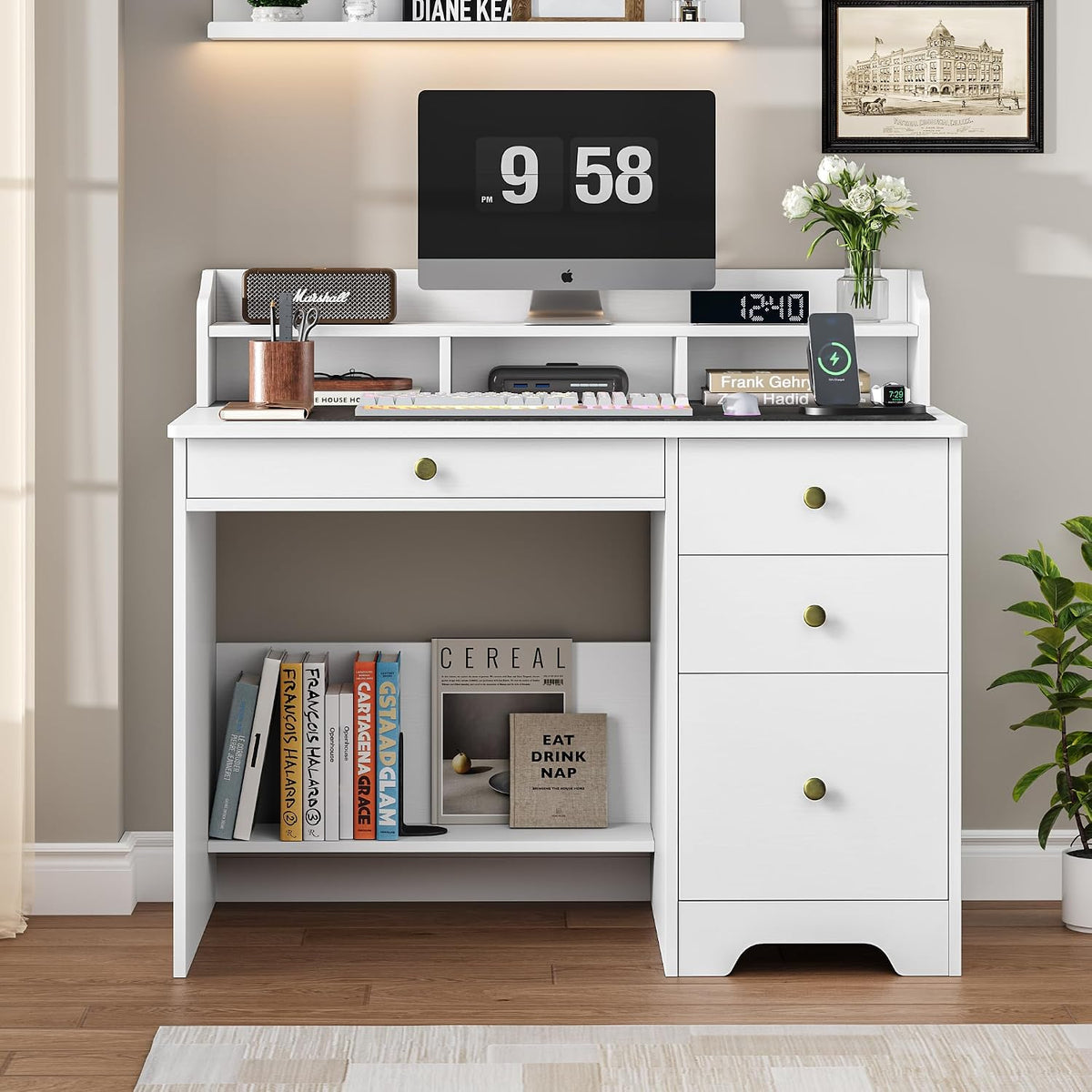 White Wood Hutch‑Shelf Drawer Computer Desk