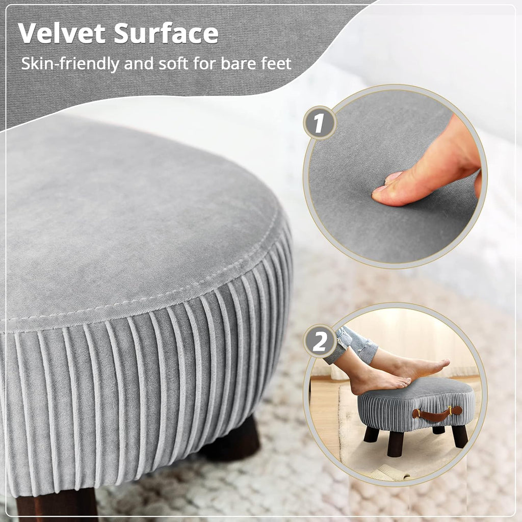 Gray Velvet Curved Wood‑Leg Foot Stool