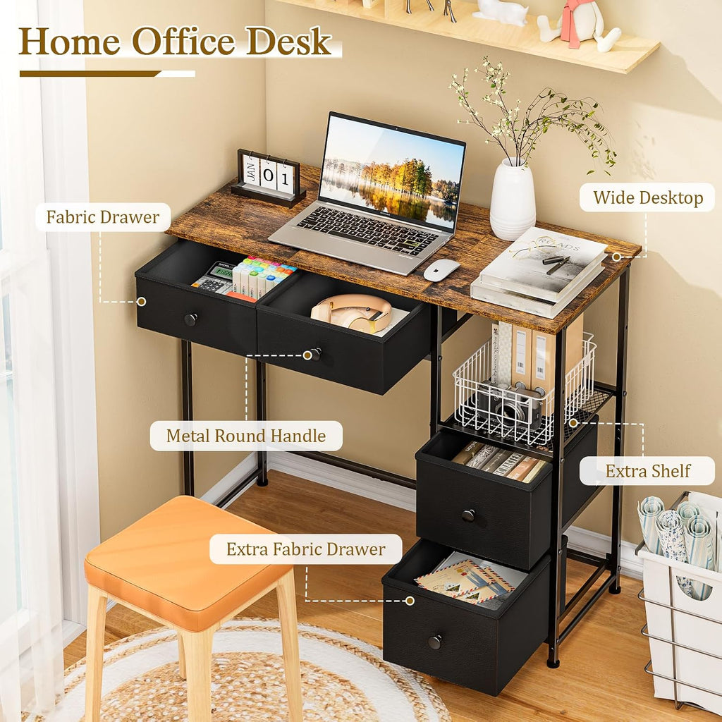 Rustic Brown Fabric‑Drawer Compact Writing Desk