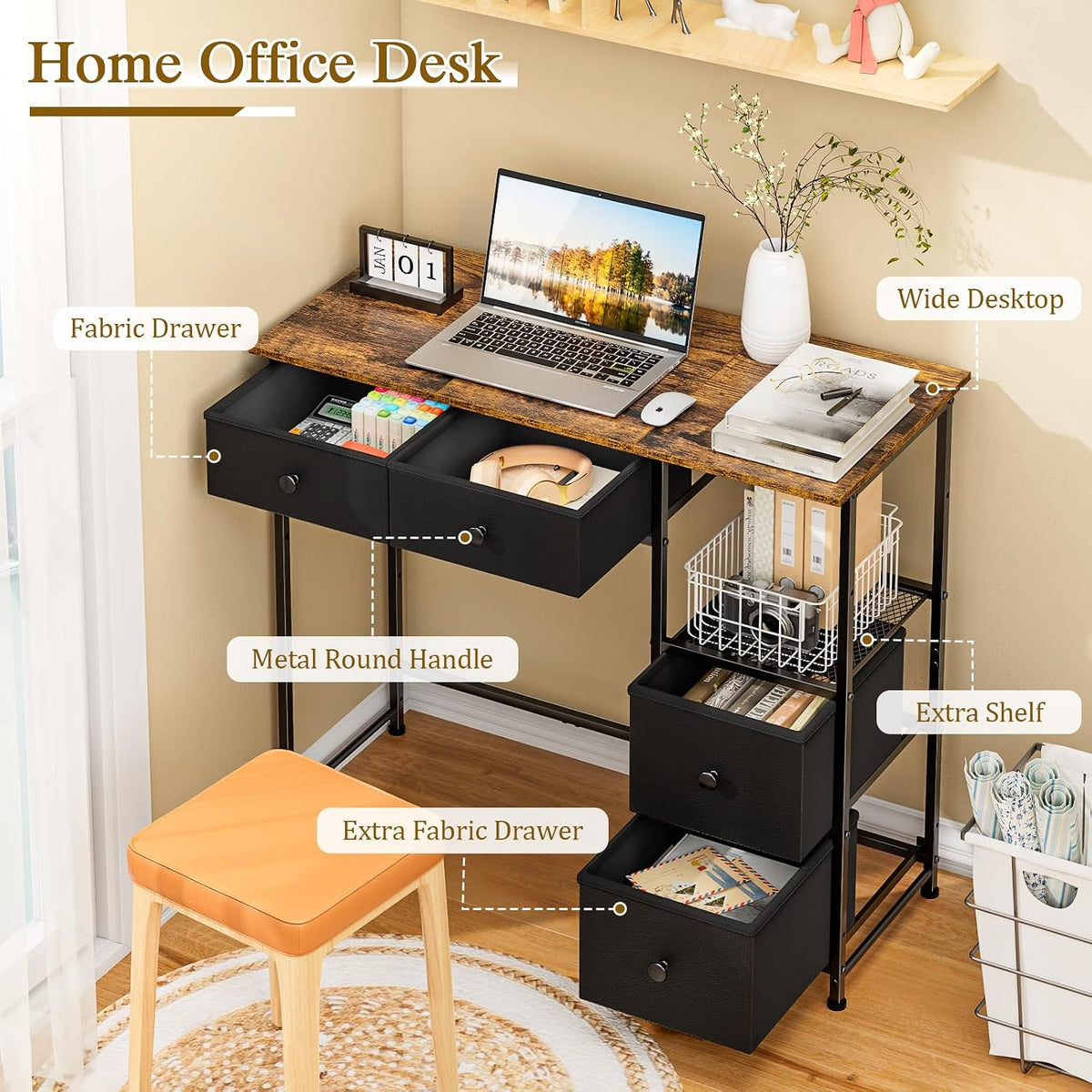 Rustic Brown Fabric‑Drawer Compact Writing Desk