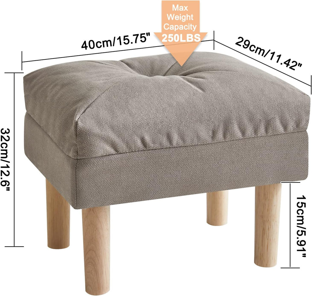 Gray Padded Linen Wood‑Leg Foot Stool