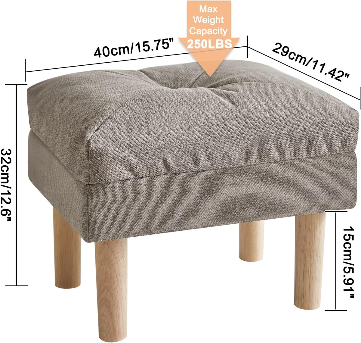 Gray Padded Linen Wood‑Leg Foot Stool