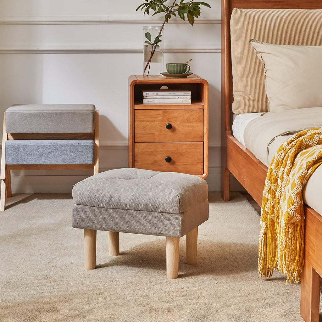 Gray Padded Linen Wood‑Leg Foot Stool