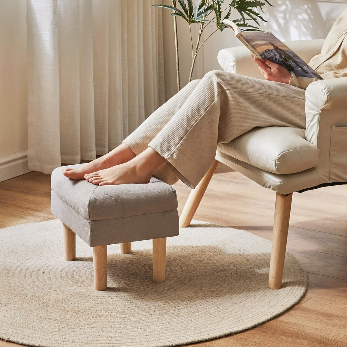Gray Padded Linen Wood‑Leg Foot Stool