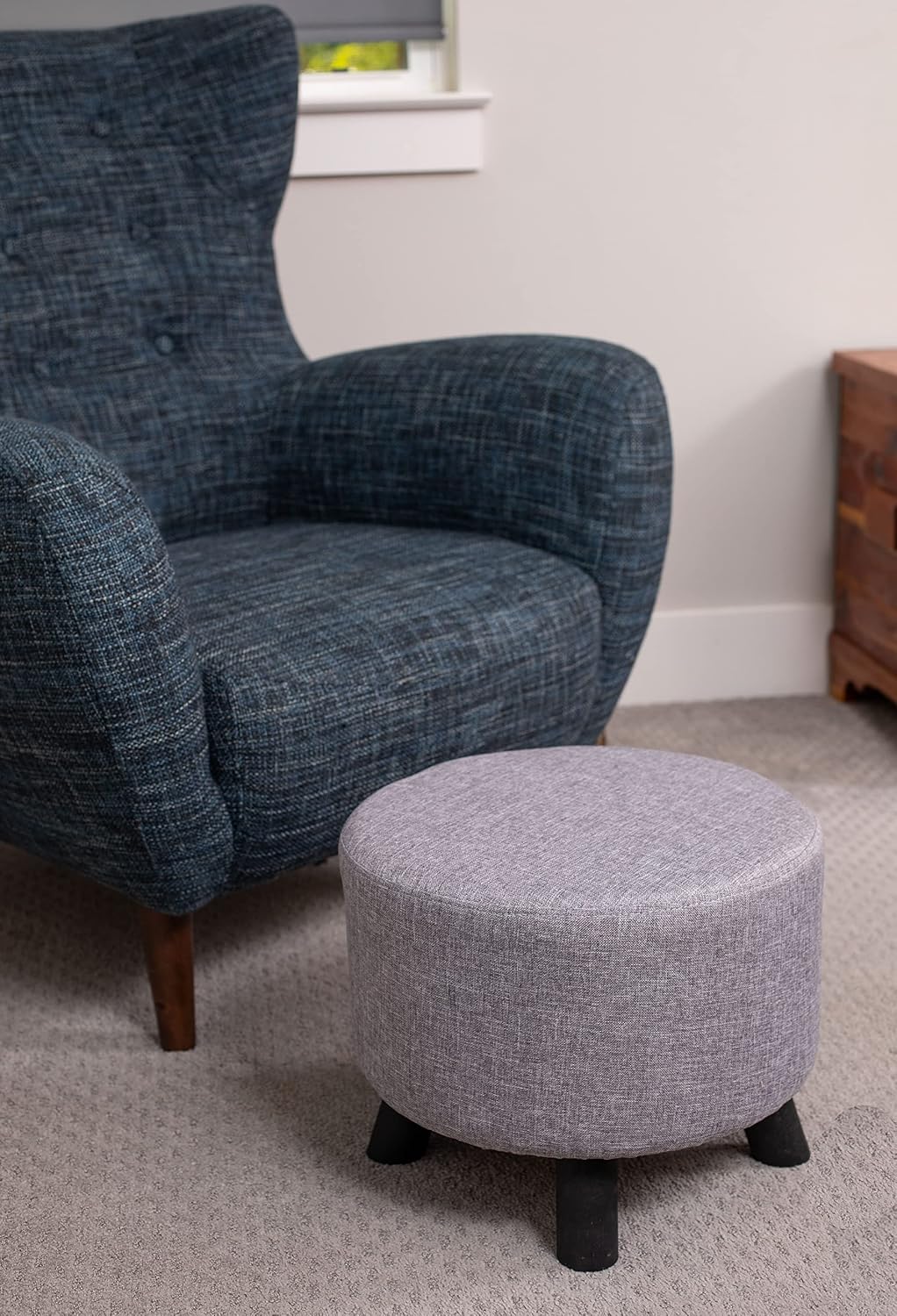 Grey Round Linen Padded Wood‑Leg Foot Stool
