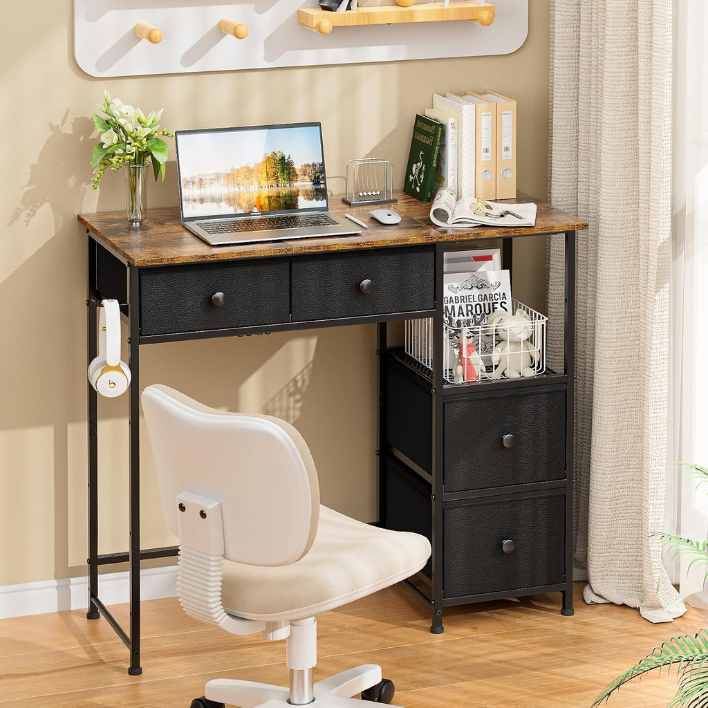 Rustic Brown Fabric‑Drawer Compact Writing Desk