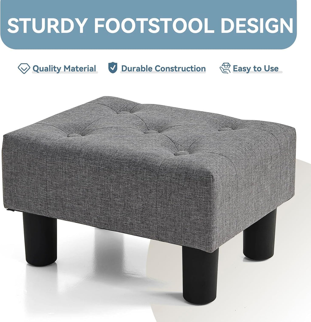 Gray Linen Legged Rectangle Foot Stool Ottoman