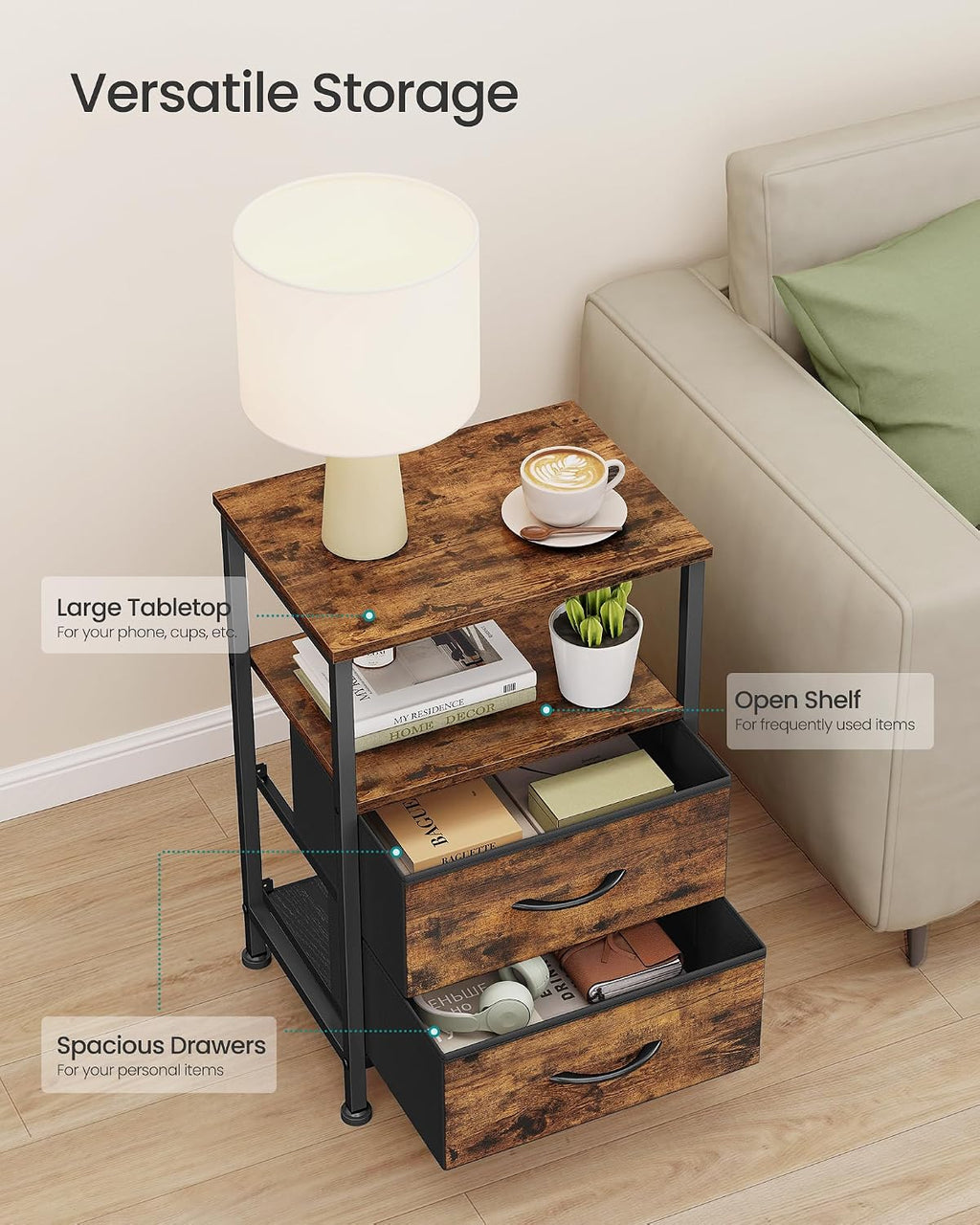 Fabric Drawer Open Shelf Nightstand End Table