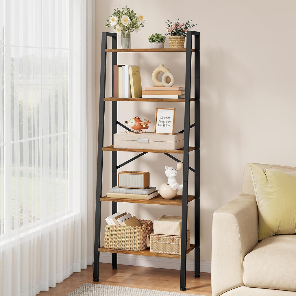 Rustic Brown 5-Tier Ladder Bookshelf
