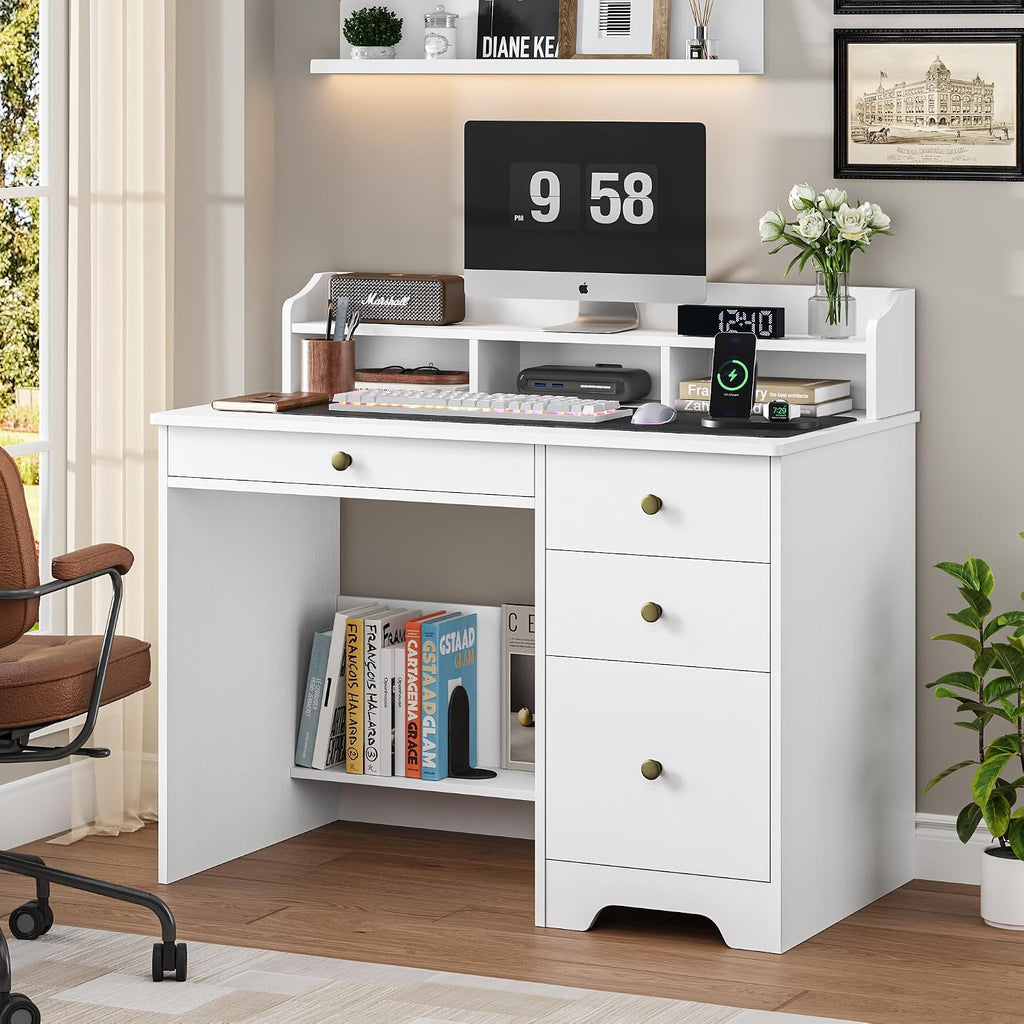 White Wood Hutch‑Shelf Drawer Computer Desk