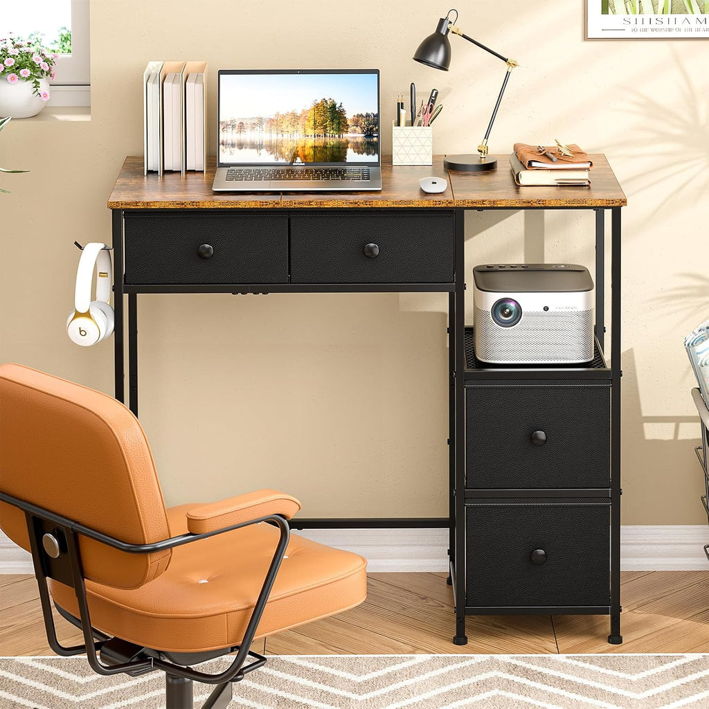 Rustic Brown Fabric‑Drawer Compact Writing Desk
