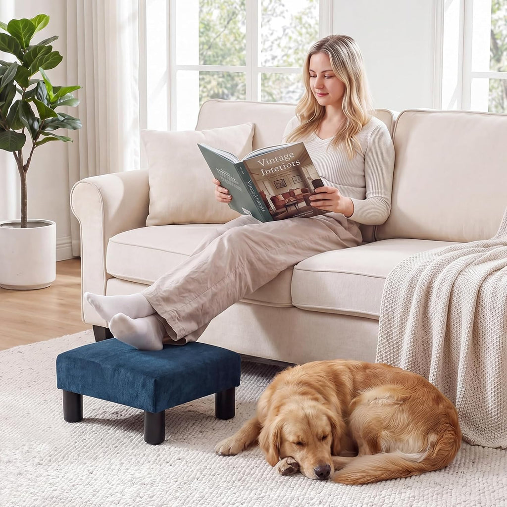 Navy Upholstered Square Fabric Foot Stool