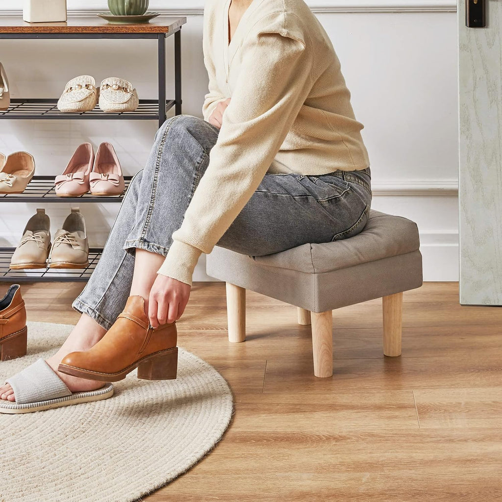 Gray Padded Linen Wood‑Leg Foot Stool