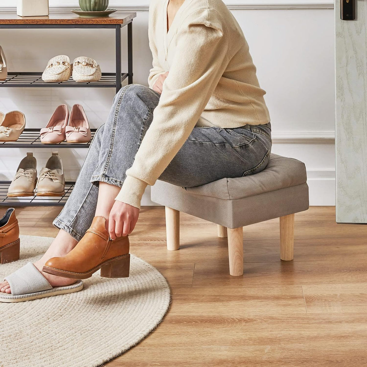 Gray Padded Linen Wood‑Leg Foot Stool