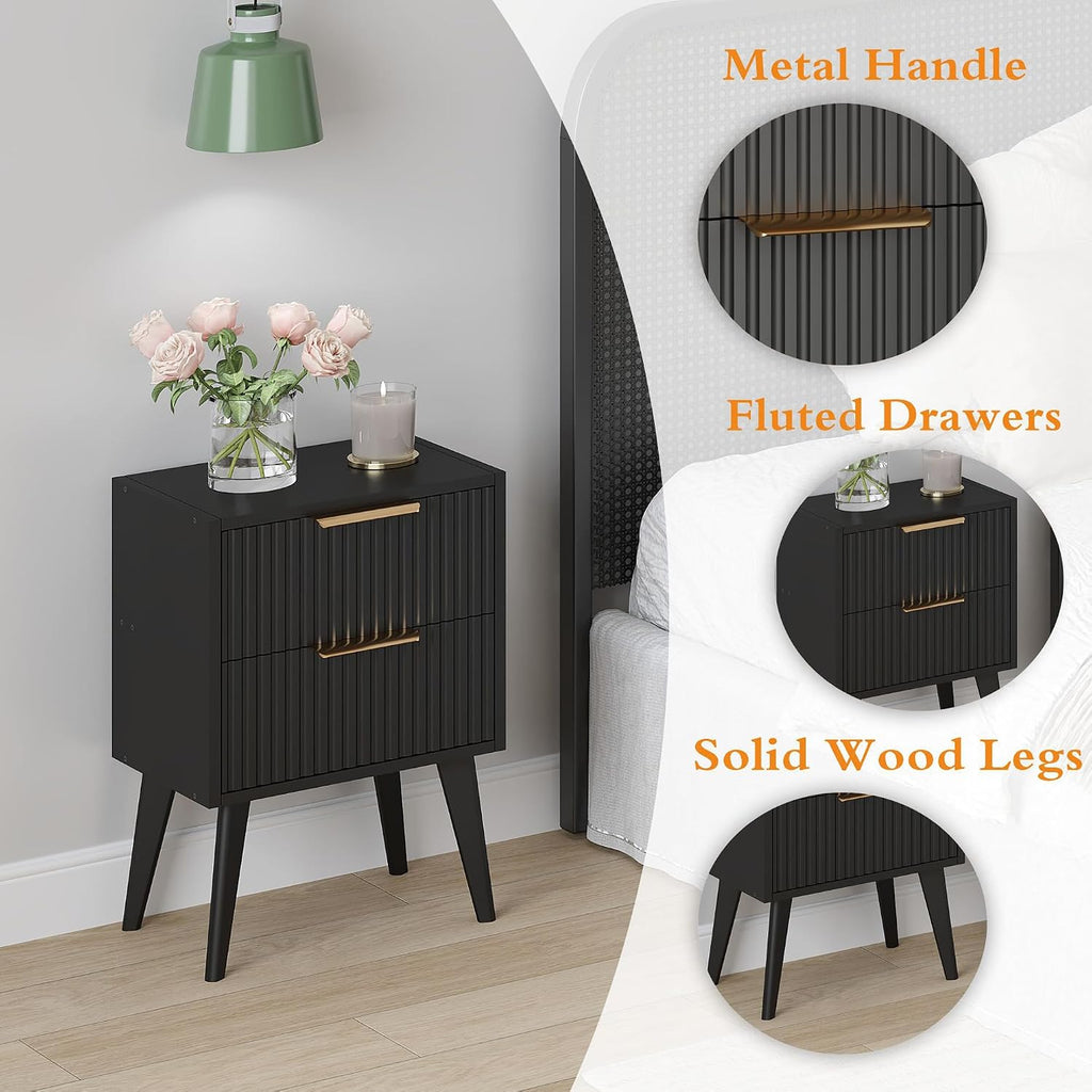 Black 2-Drawer Fluted Nightstand