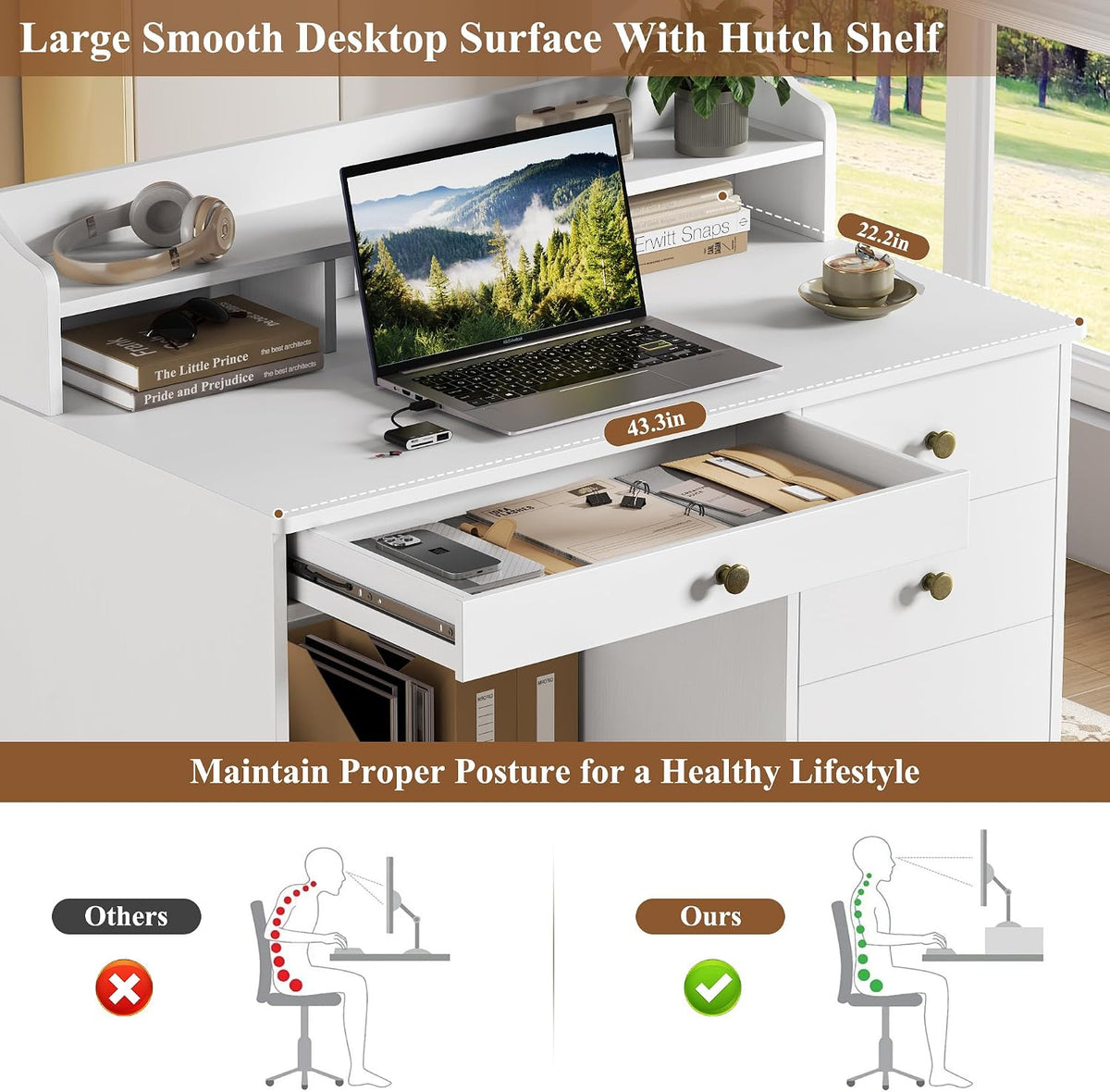 White Wood Hutch‑Shelf Drawer Computer Desk