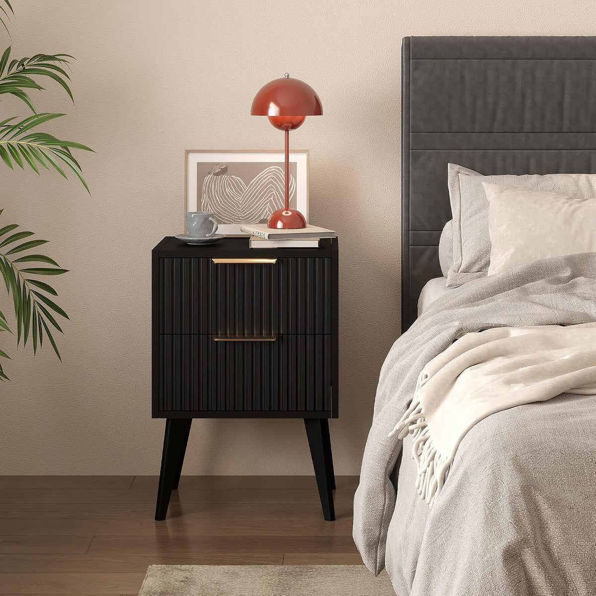 Black 2-Drawer Fluted Nightstand