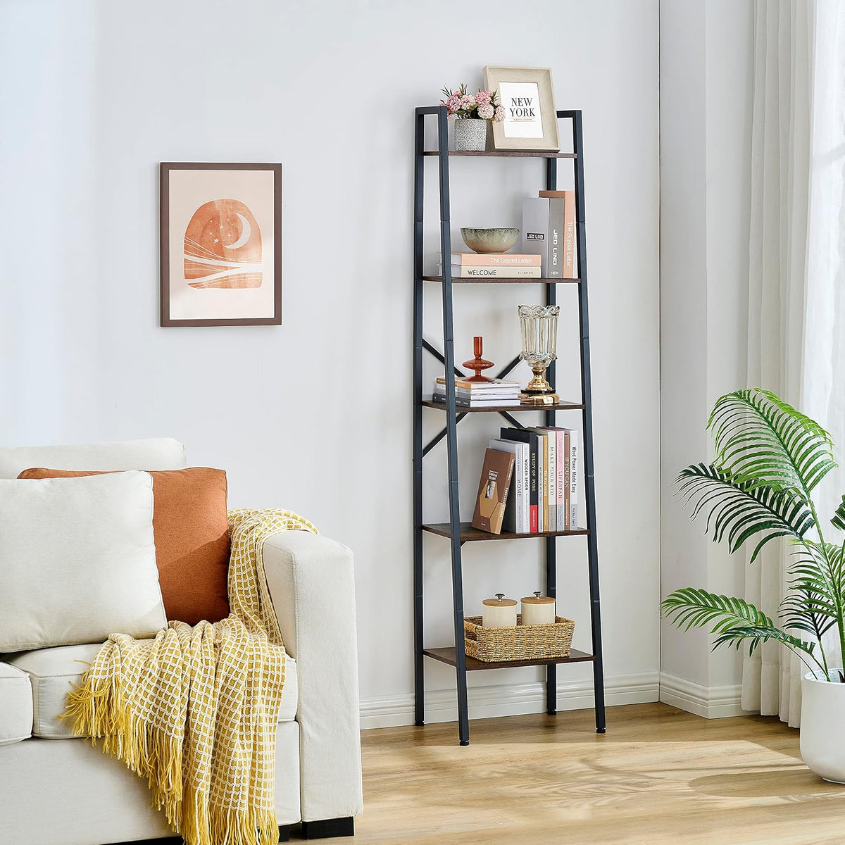 Rustic Brown 5-Tier Ladder Bookshelf