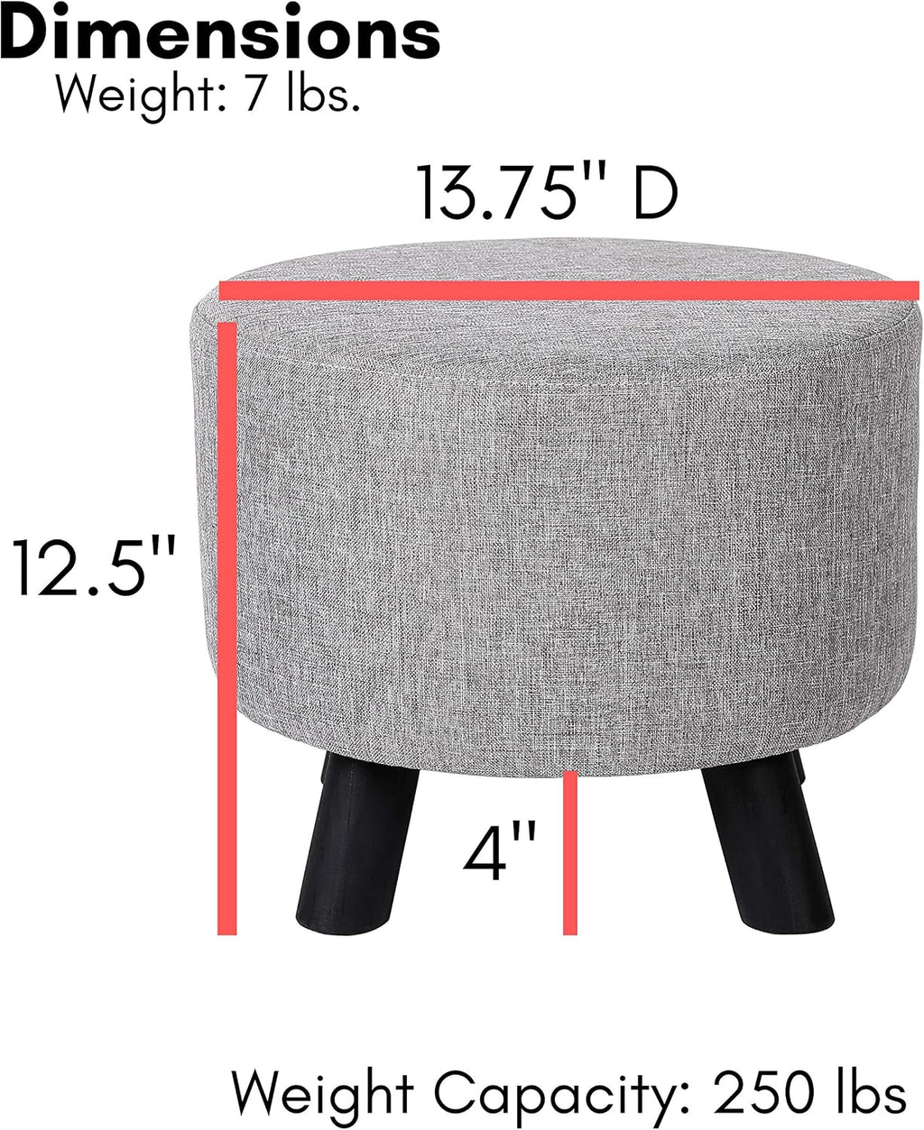 Grey Round Linen Padded Wood‑Leg Foot Stool