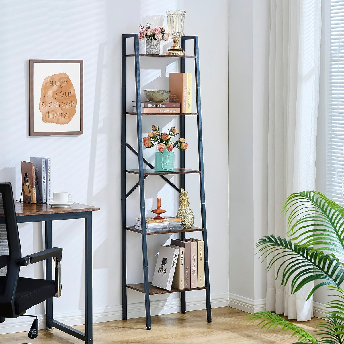 Rustic Brown 5-Tier Ladder Bookshelf